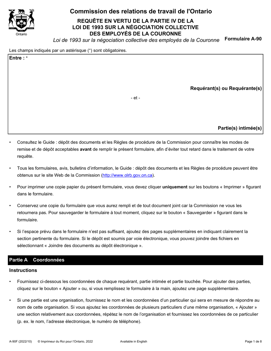 Forme A-90 Requete En Vertu De La Partie IV De La Loi De 1993 Sur La Negociation Collective DES Employes De La Couronne - Ontario, Canada (French), Page 1