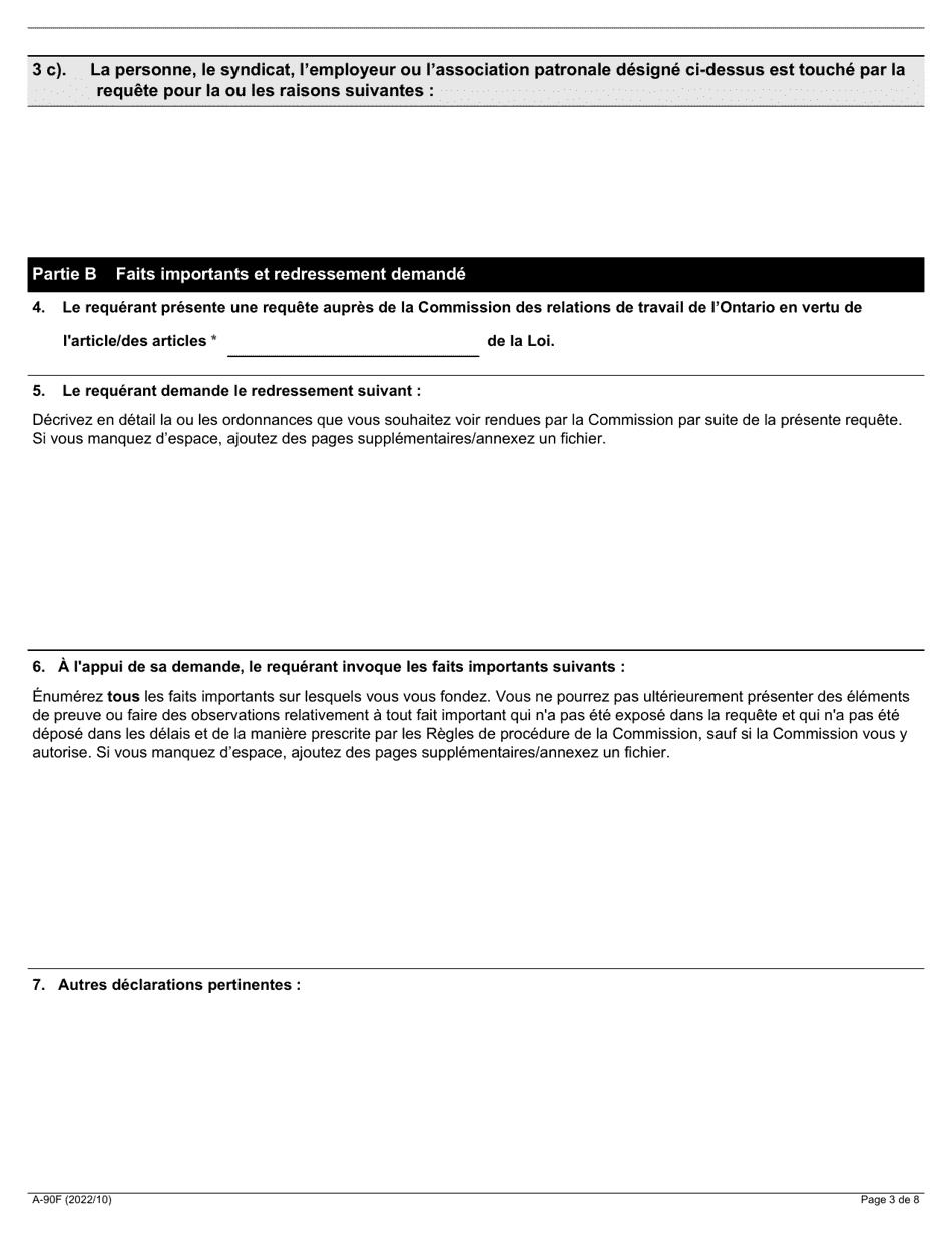 Forme A-90 Requete En Vertu De La Partie IV De La Loi De 1993 Sur La Negociation Collective DES Employes De La Couronne - Ontario, Canada (French), Page 3