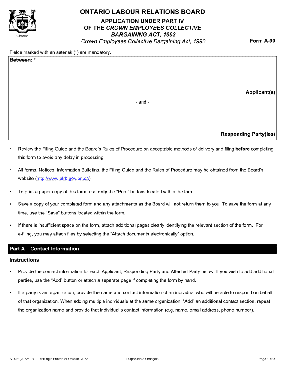 Form A-90 Application Under Part IV of the Crown Employees Collective Bargaining Act, 1993 - Ontario, Canada, Page 1