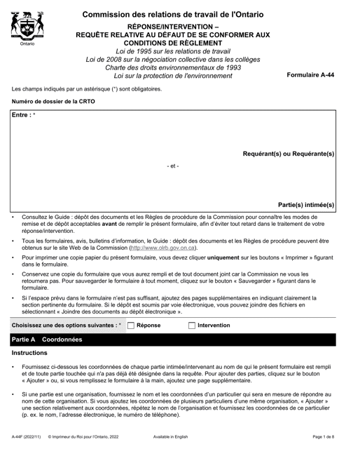 Forme A-44 Reponse/Intervention - Requete Relative Au Defaut De Se Conformer Aux Conditions De Reglement - Ontario, Canada (French)