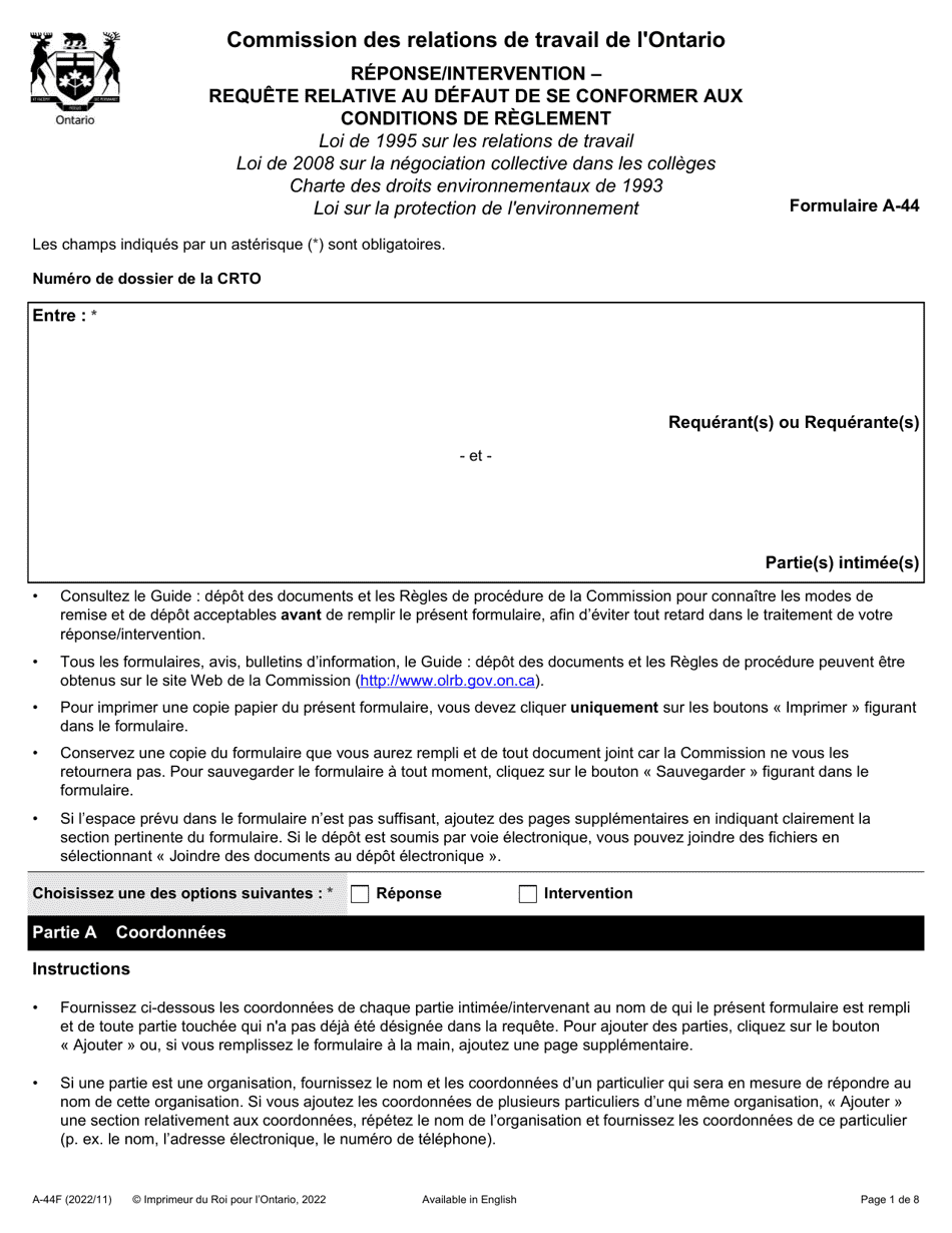 Forme A-44 Reponse / Intervention - Requete Relative Au Defaut De Se Conformer Aux Conditions De Reglement - Ontario, Canada (French), Page 1