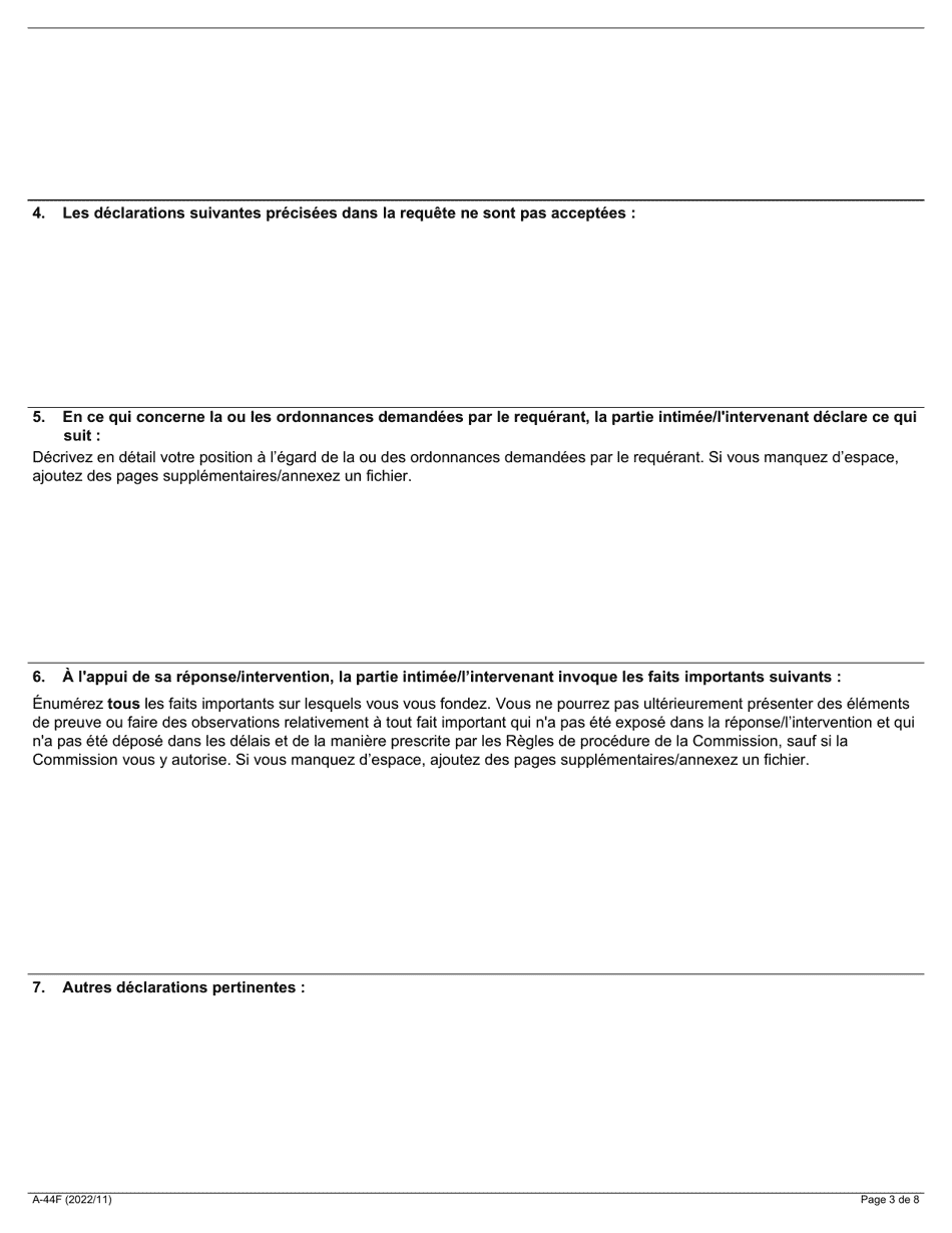 Forme A-44 Reponse / Intervention - Requete Relative Au Defaut De Se Conformer Aux Conditions De Reglement - Ontario, Canada (French), Page 3