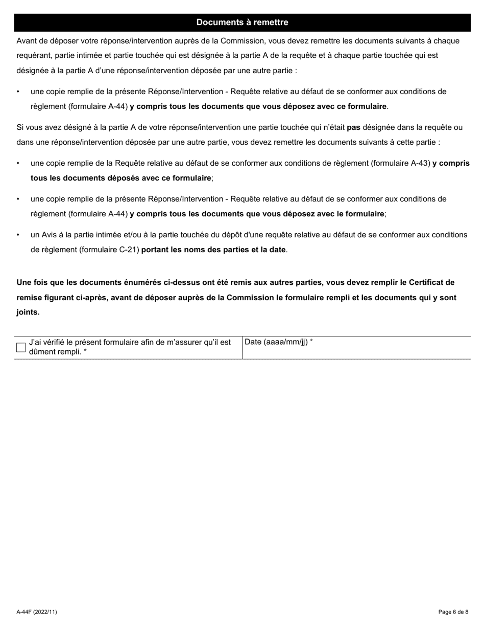 Forme A-44 Reponse / Intervention - Requete Relative Au Defaut De Se Conformer Aux Conditions De Reglement - Ontario, Canada (French), Page 6