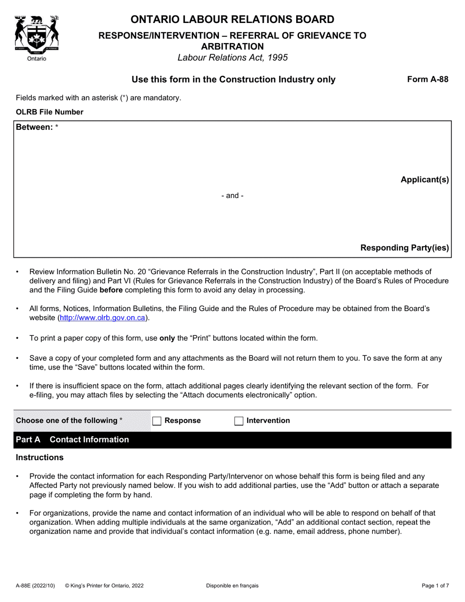 Form A-88 Response / Intervention - Referral of Grievance to Arbitration - Ontario, Canada, Page 1