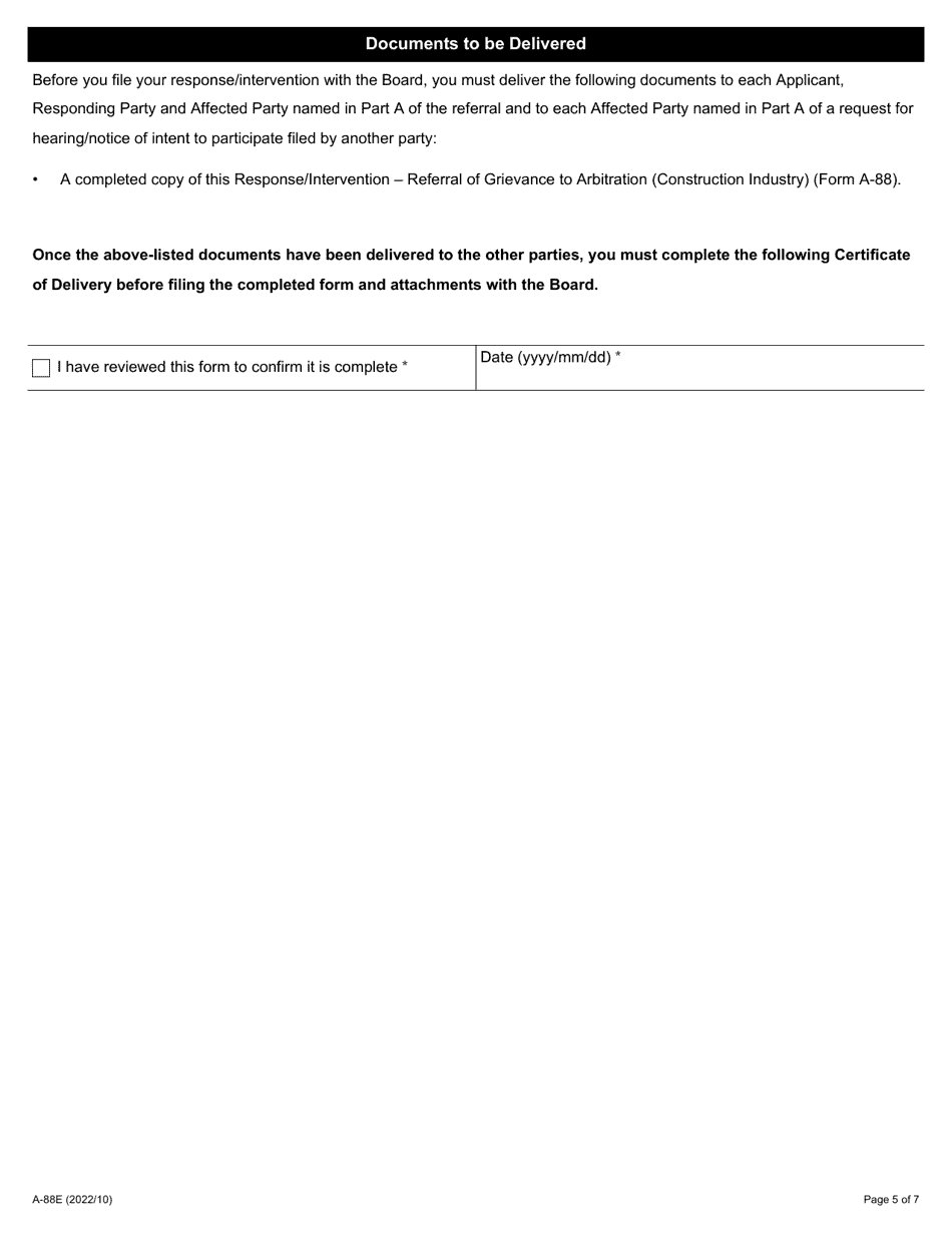 Form A-88 Response / Intervention - Referral of Grievance to Arbitration - Ontario, Canada, Page 5
