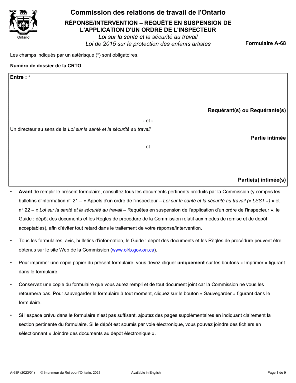 Forme A-68 Reponse / Intervention - Requete En Suspension De Lapplication Dun Ordre De Linspecteur - Ontario, Canada (French), Page 1