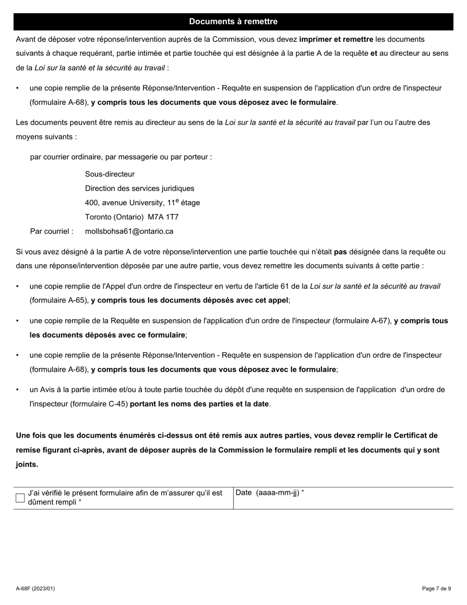 Forme A-68 Reponse / Intervention - Requete En Suspension De Lapplication Dun Ordre De Linspecteur - Ontario, Canada (French), Page 7