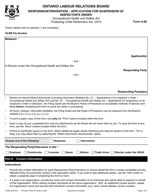 Form A-68 Response/Intervention - Application for Suspension of Inspector's Order - Ontario, Canada