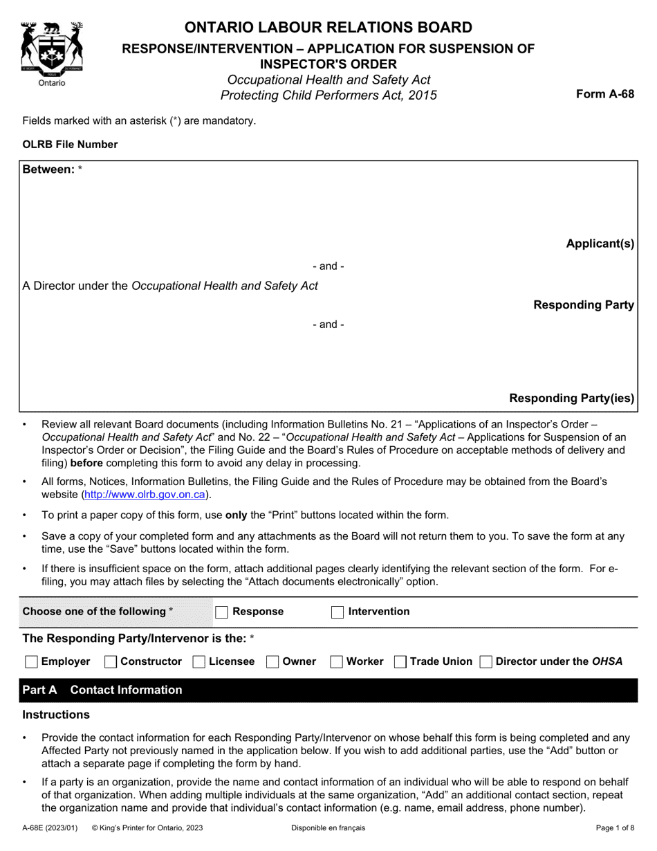 Form A-68 Response / Intervention - Application for Suspension of Inspectors Order - Ontario, Canada, Page 1