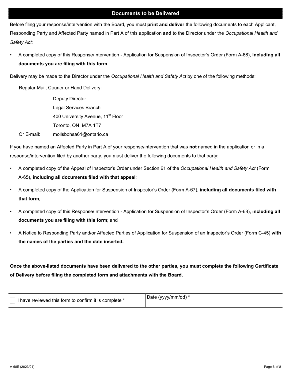 Form A-68 Response / Intervention - Application for Suspension of Inspectors Order - Ontario, Canada, Page 6