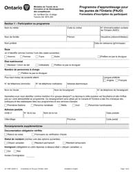 Document preview: Forme 12-1756F Formulaire D'inscription Du Participant - Programme D'apprentissage Pour Les Jeunes De L'ontario (Pajo) - Ontario, Canada (French)