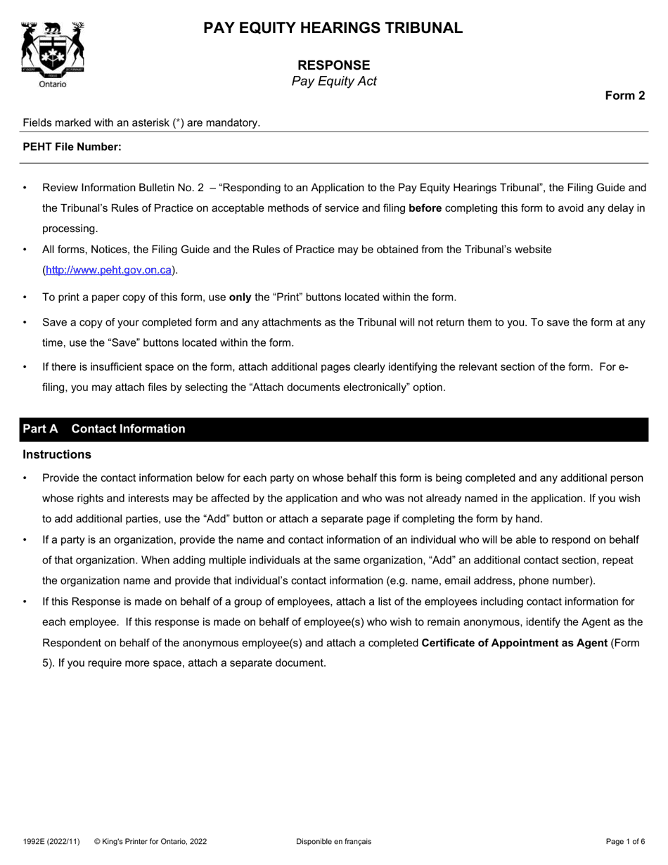 Form 2 (1992E) Response - Ontario, Canada, Page 1