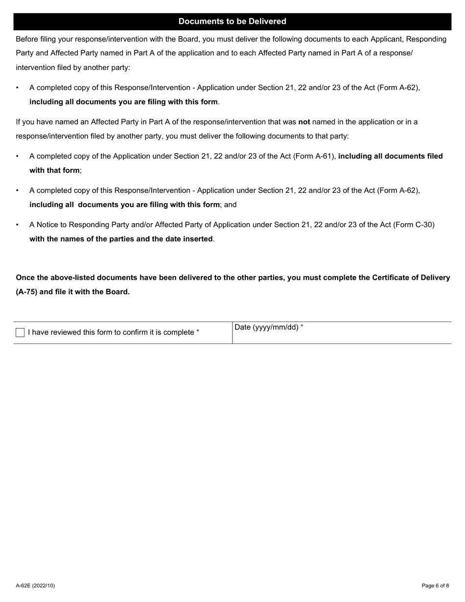 Form A-62 Response / Intervention - Application Under Section 21, 22, and / or 23 of the Act - Ontario, Canada, Page 6