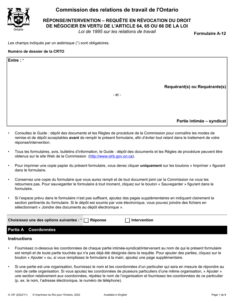 Forme A-12 Reponse / Intervention - Requete En Revocation Du Droit De Negocier En Vertu De Larticle 64, 65 Ou 66 De La Loi - Ontario, Canada (French), Page 1