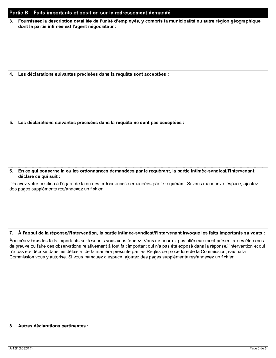 Forme A-12 Reponse / Intervention - Requete En Revocation Du Droit De Negocier En Vertu De Larticle 64, 65 Ou 66 De La Loi - Ontario, Canada (French), Page 3