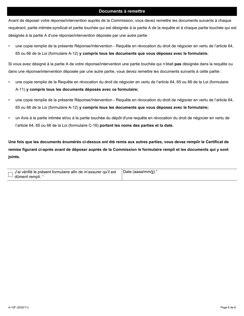 Forme A-12 Reponse / Intervention - Requete En Revocation Du Droit De Negocier En Vertu De Larticle 64, 65 Ou 66 De La Loi - Ontario, Canada (French), Page 6