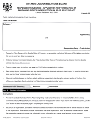 Form A-12 Response/Intervention - Application for Termination of Bargaining Rights Under Section 64, 65 or 66 of the Act - Ontario, Canada