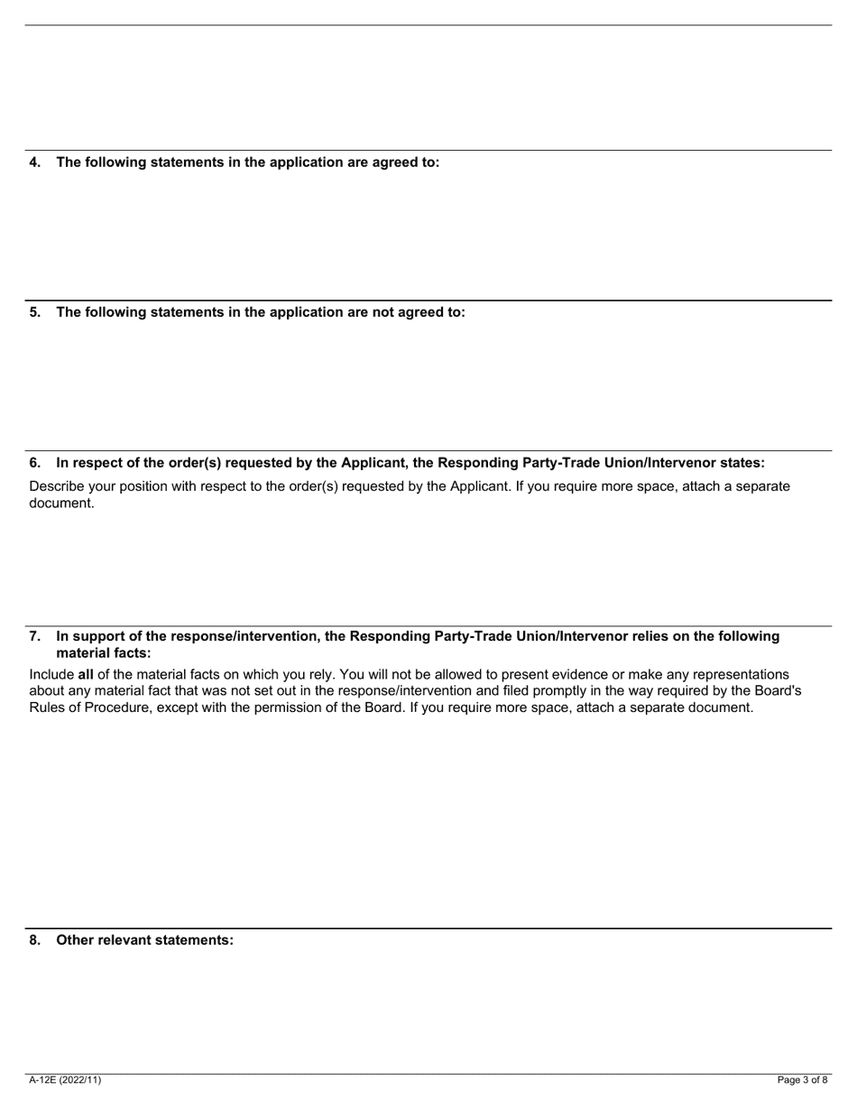 Form A-12 Response / Intervention - Application for Termination of Bargaining Rights Under Section 64, 65 or 66 of the Act - Ontario, Canada, Page 3