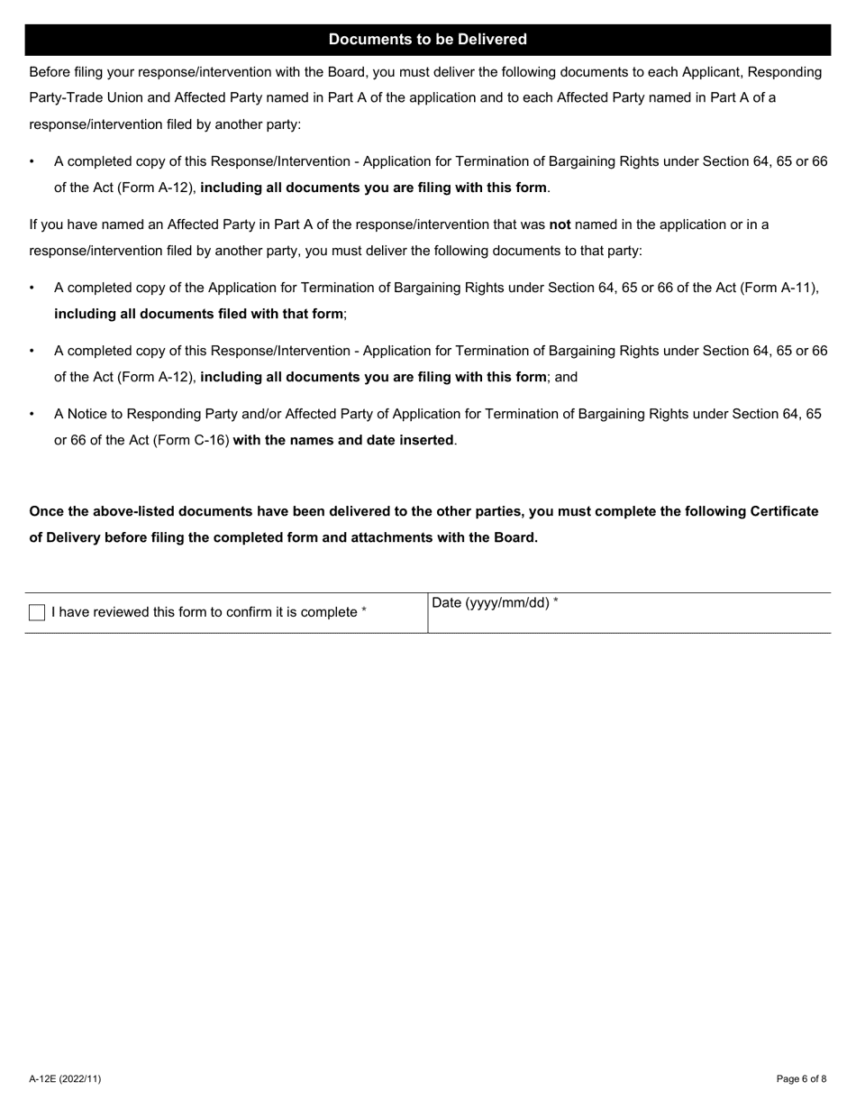 Form A-12 Response / Intervention - Application for Termination of Bargaining Rights Under Section 64, 65 or 66 of the Act - Ontario, Canada, Page 6