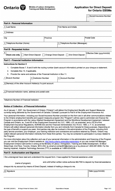 Form 89-1859E Application for Direct Deposit for Ontario Ebsms - Ontario, Canada