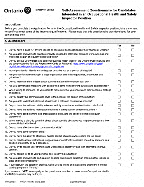 Form 1997E Self-assessment Questionnaire for Candidates Interested in an Occupational Health and Safety Inspector Position - Ontario, Canada