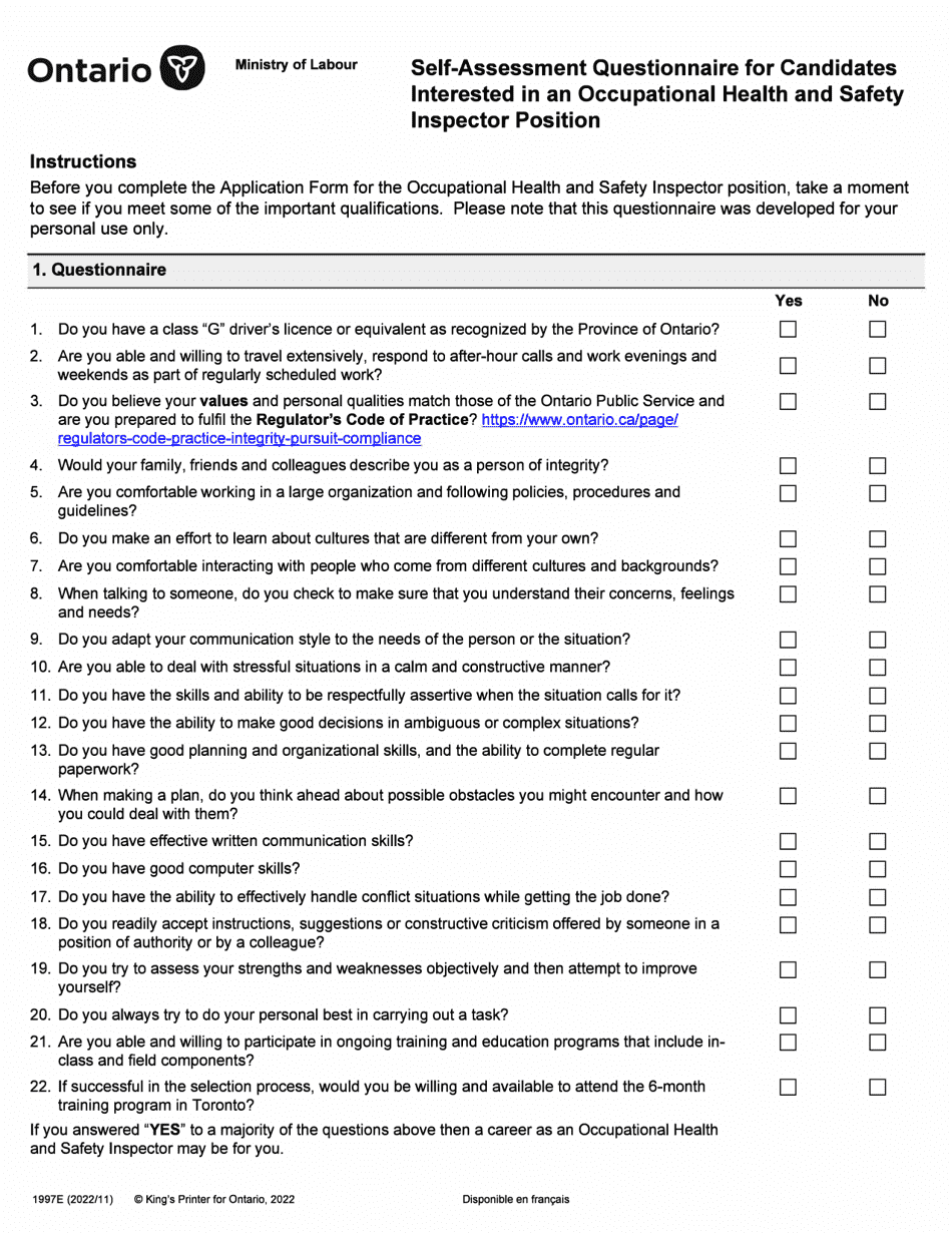 Form 1997E Self-assessment Questionnaire for Candidates Interested in an Occupational Health and Safety Inspector Position - Ontario, Canada, Page 1