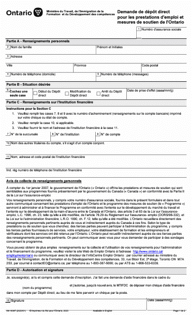 Forme 89-1859F Demande De Depot Direct Pour Les Prestations D'emploi Et Mesures De Soutien De L'ontario - Ontario, Canada (French)