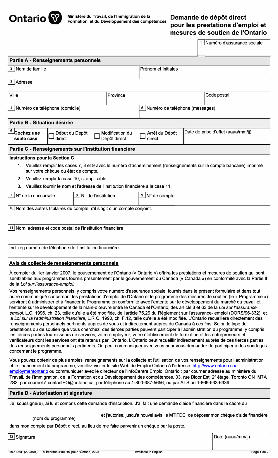 Forme 89-1859F Demande De Depot Direct Pour Les Prestations Demploi Et Mesures De Soutien De Lontario - Ontario, Canada (French), Page 1