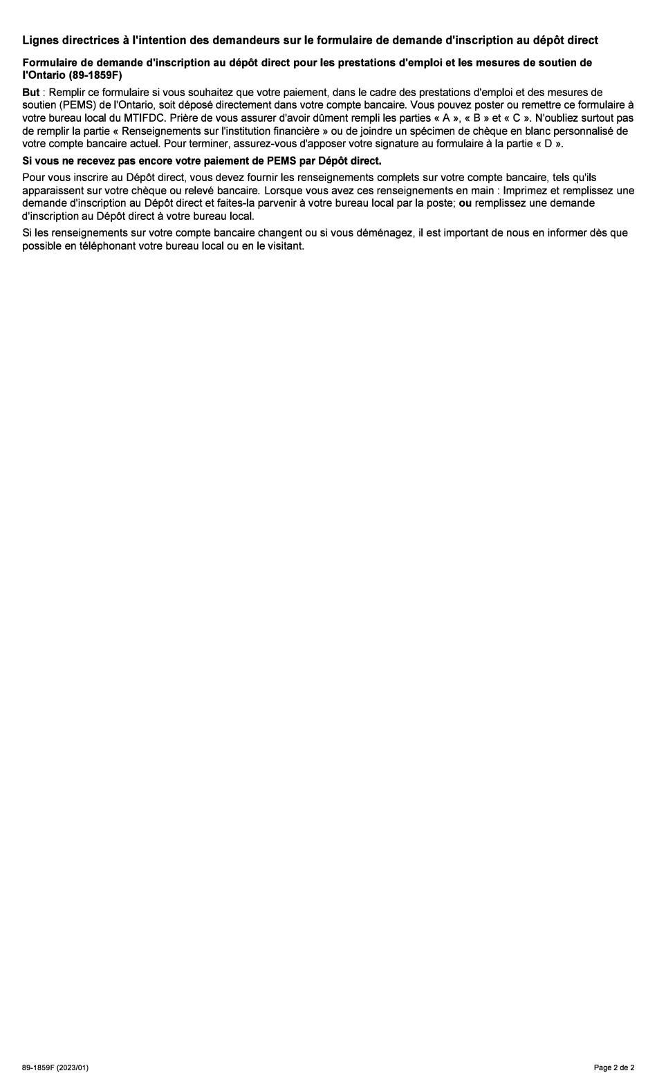 Forme 89-1859F Demande De Depot Direct Pour Les Prestations Demploi Et Mesures De Soutien De Lontario - Ontario, Canada (French), Page 2