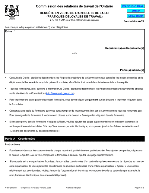 Forme A-33 Requete En Vertu De L'article 96 De La Loi (Pratiques Deloyales De Travail) - Ontario, Canada (French)