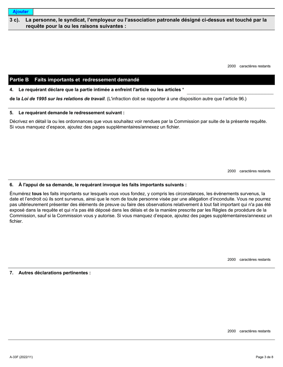 Forme A-33 Requete En Vertu De Larticle 96 De La Loi (Pratiques Deloyales De Travail) - Ontario, Canada (French), Page 3
