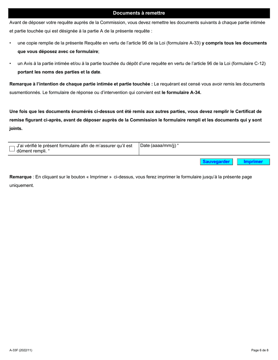 Forme A-33 Requete En Vertu De Larticle 96 De La Loi (Pratiques Deloyales De Travail) - Ontario, Canada (French), Page 6