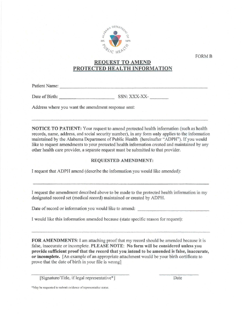Form B Request to Amend Protected Health Information - Alabama, Page 1