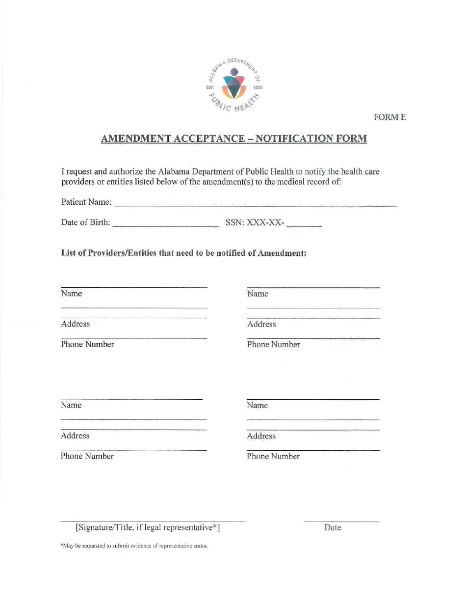 Form E Amendment Acceptance - Notification Form - Alabama, Page 1