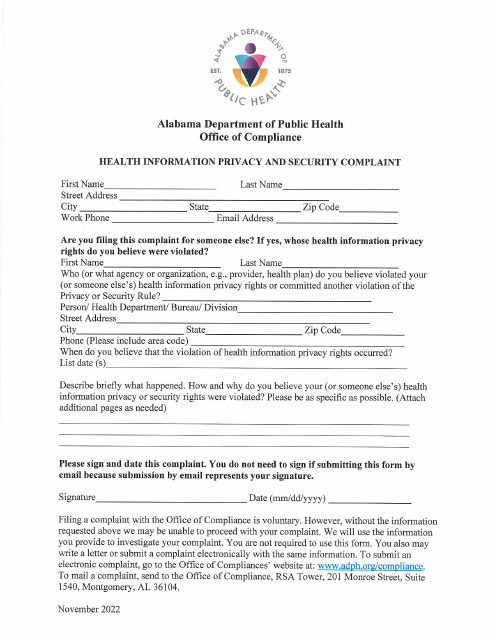 Health Information Privacy and Security Complaint - Alabama Download Pdf