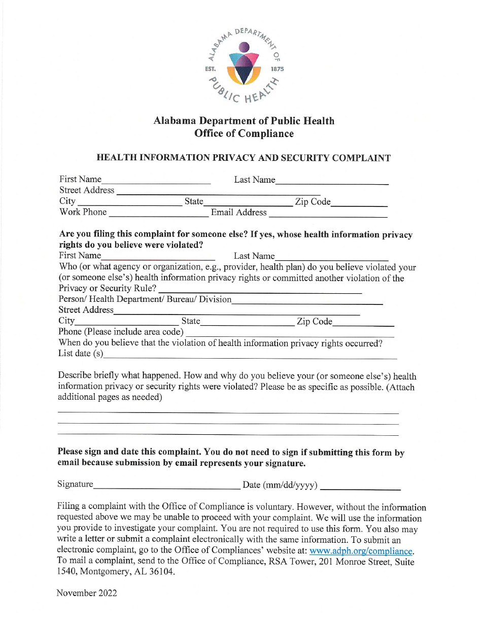 Health Information Privacy and Security Complaint - Alabama, Page 1