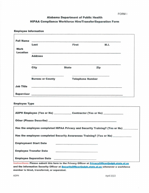 Form I HIPAA Compliance Workforce/Hire/Transfer/Separation Form - Alabama