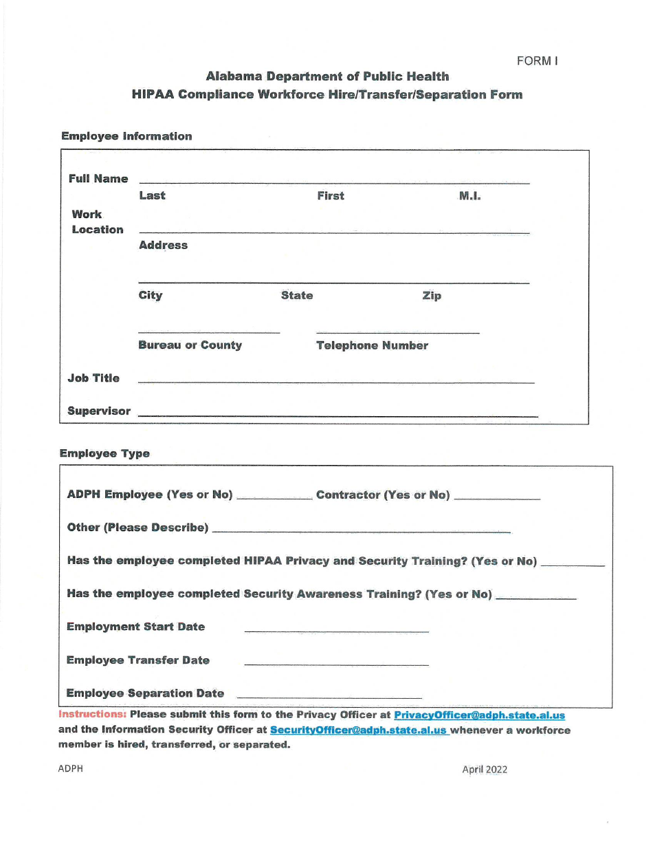 Form I HIPAA Compliance Workforce / Hire / Transfer / Separation Form - Alabama, Page 1