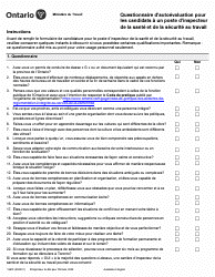 Document preview: Forme 1997F Questionnaire D'autoevaluation Pour Les Candidats a Un Poste D'inspecteur De La Sante Et De La Securite Au Travail - Ontario, Canada (French)
