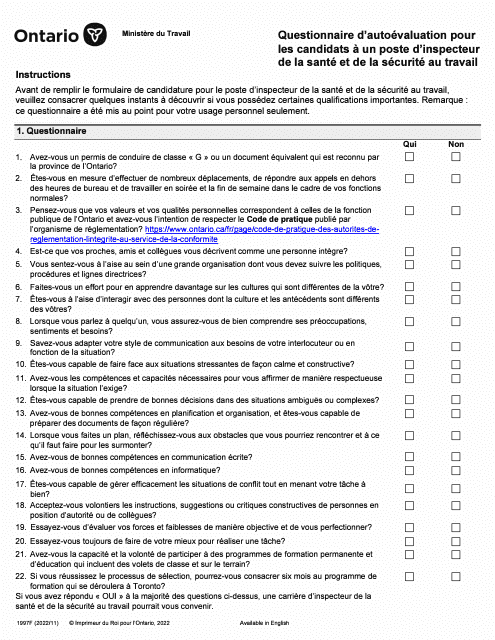 Forme 1997F Questionnaire D'autoevaluation Pour Les Candidats a Un Poste D'inspecteur De La Sante Et De La Securite Au Travail - Ontario, Canada (French)