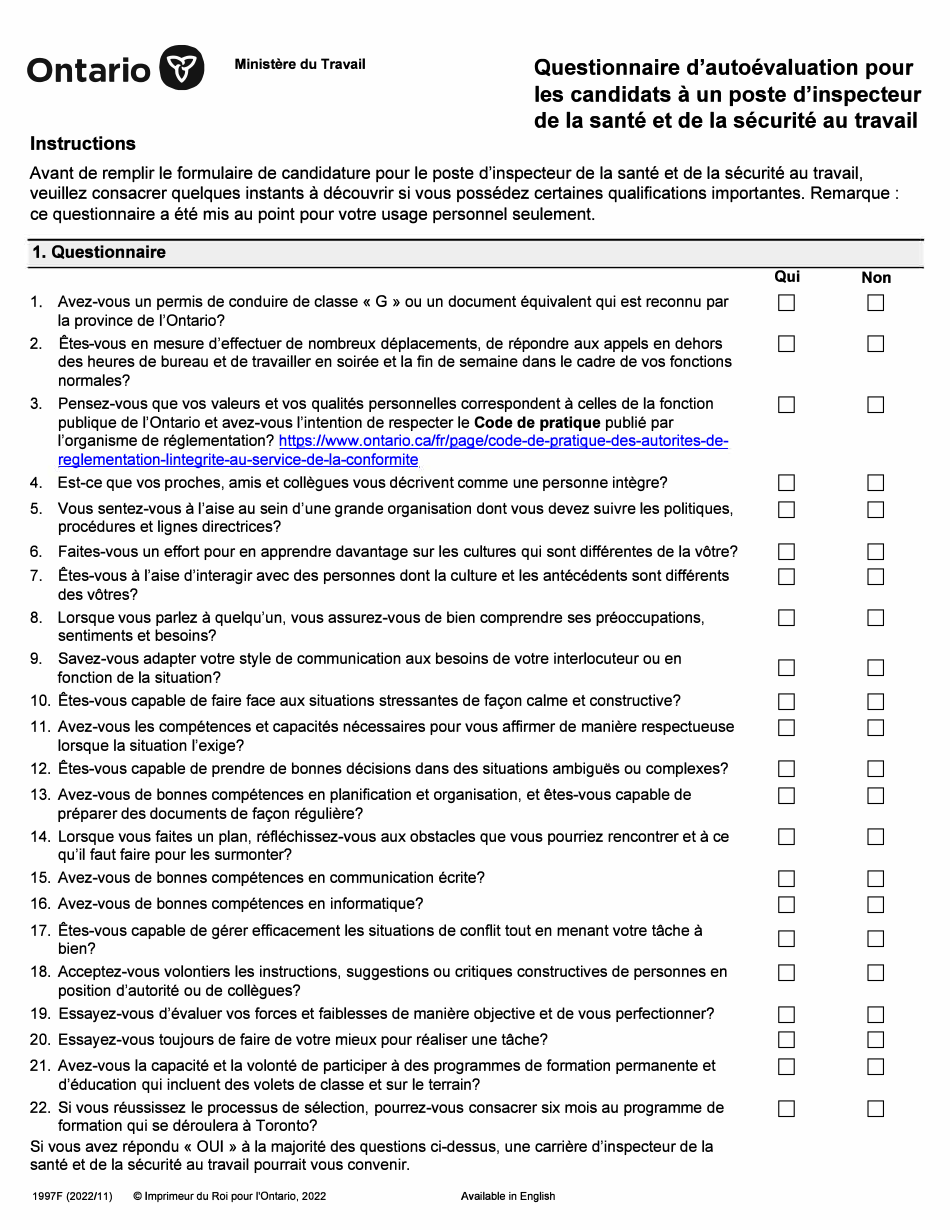 Forme 1997F Questionnaire Dautoevaluation Pour Les Candidats a Un Poste Dinspecteur De La Sante Et De La Securite Au Travail - Ontario, Canada (French), Page 1