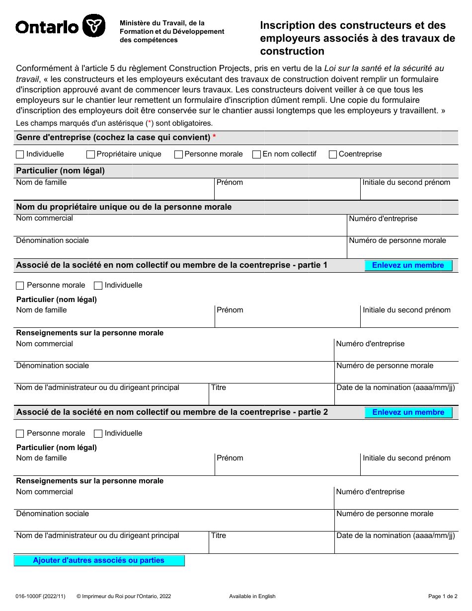 Forme 016-1000F Inscription DES Constructeurs Et DES Employeurs Associes a DES Travaux De Construction - Ontario, Canada (French), Page 1