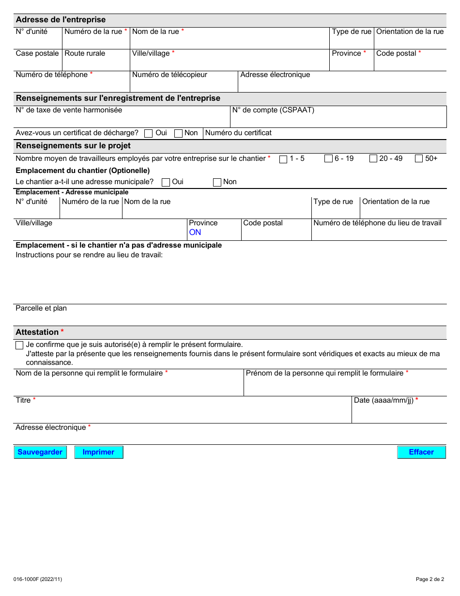 Forme 016-1000F Inscription DES Constructeurs Et DES Employeurs Associes a DES Travaux De Construction - Ontario, Canada (French), Page 2