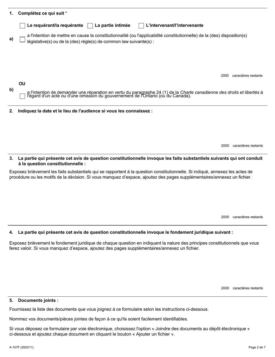 Forme A-107 Avis Dune Question Constitutionnelle - Ontario, Canada (French), Page 2