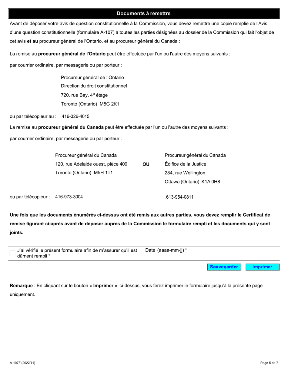 Forme A-107 Avis Dune Question Constitutionnelle - Ontario, Canada (French), Page 5