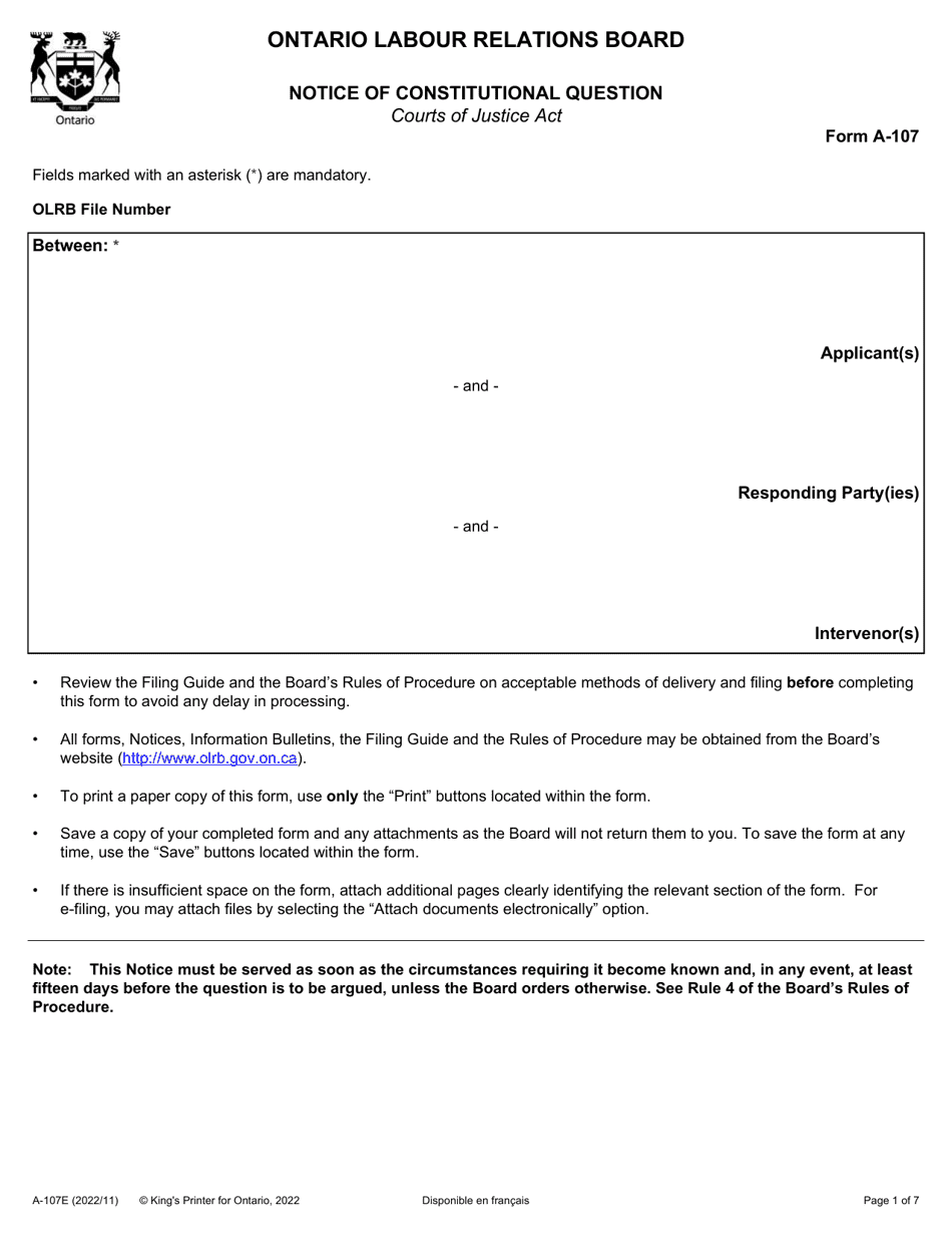 Form A-107 Notice of Constitutional Question - Ontario, Canada, Page 1