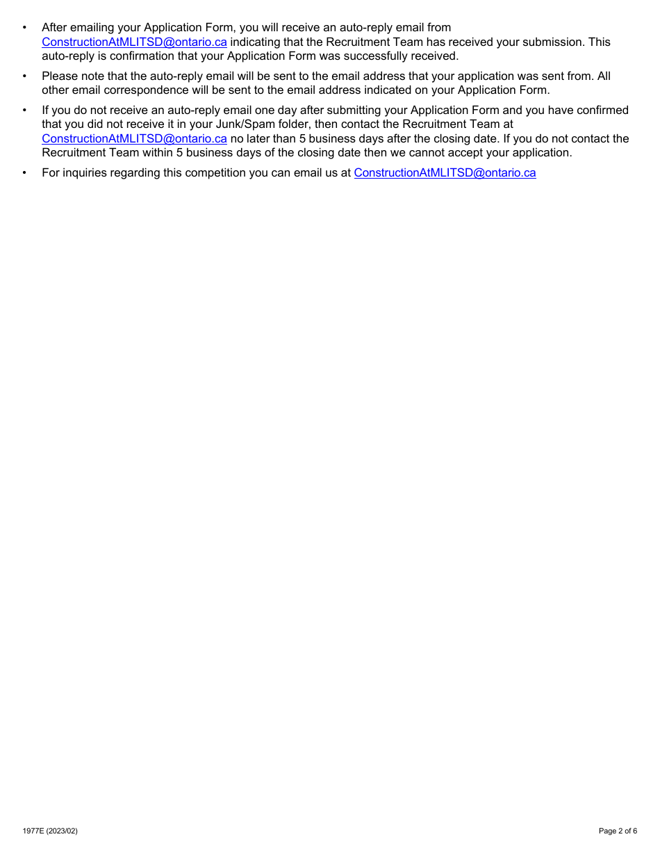 Form 1977E Application for Employment Occupational Health and Safety Inspector - Construction - Ontario, Canada, Page 2