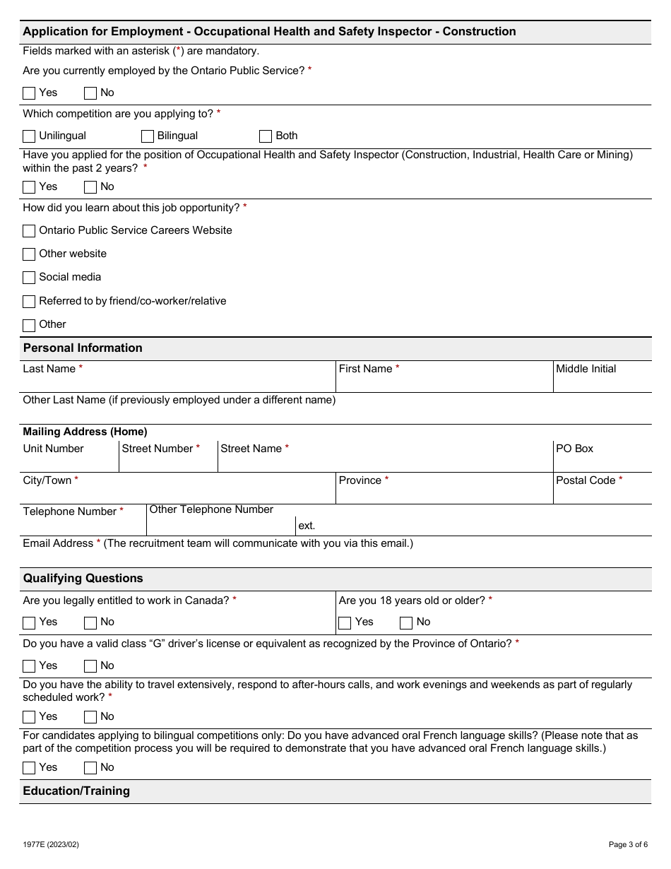 Form 1977E Application for Employment Occupational Health and Safety Inspector - Construction - Ontario, Canada, Page 3