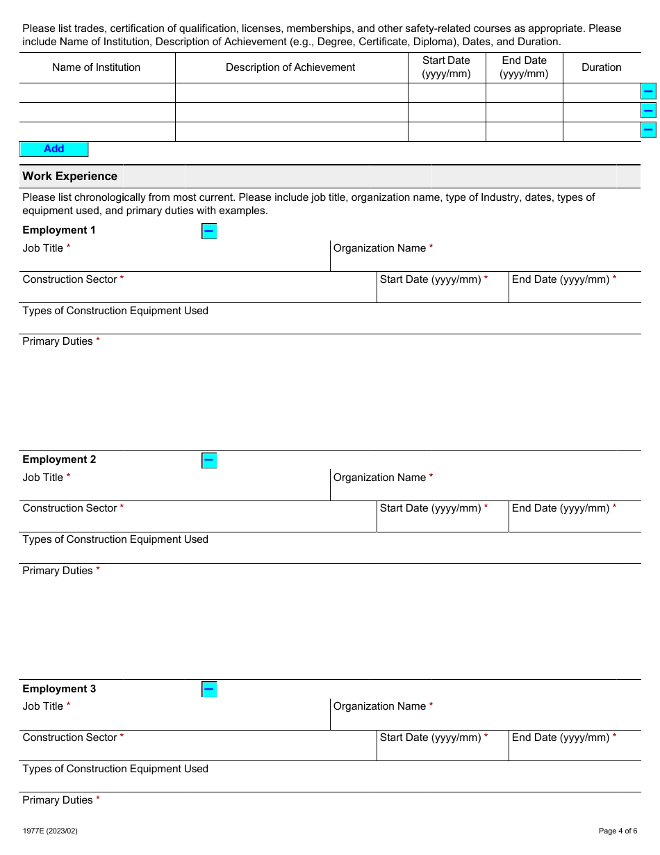 Form 1977E Application for Employment Occupational Health and Safety Inspector - Construction - Ontario, Canada, Page 4