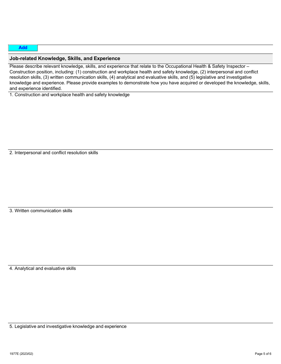 Form 1977E Application for Employment Occupational Health and Safety Inspector - Construction - Ontario, Canada, Page 5